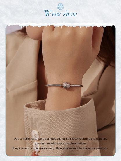 925 Sterling Silver Ice Flower Charm Bangle & Bracelet Glossy Basic Wrist Bangle for Women Pendant Beads DIY Xmas Jewelry