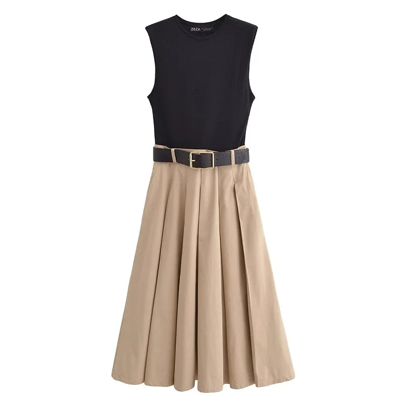 Woman Dresses Belt Pleated Midi Dress Women Sleeveless Summer Dress Woman Knitted Party Dresses for Women Sundress