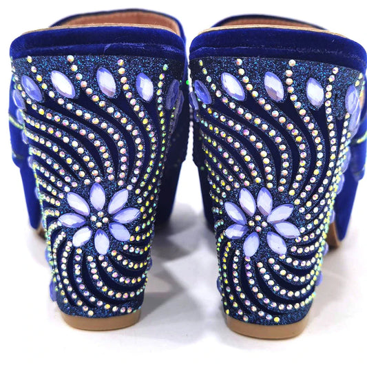 The Latest Italian Design Rotary Rhine-Diamond Floral Thick Heel Platform Women's Comfortable Shoes Bag and Shoe Set