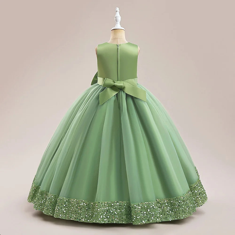 Teen Girls Luxury Big Bow Evening Gown Wedding Bridesmaid Party Dress For Girl Kids Sequin Princess Birthday Dresses Summer Wear