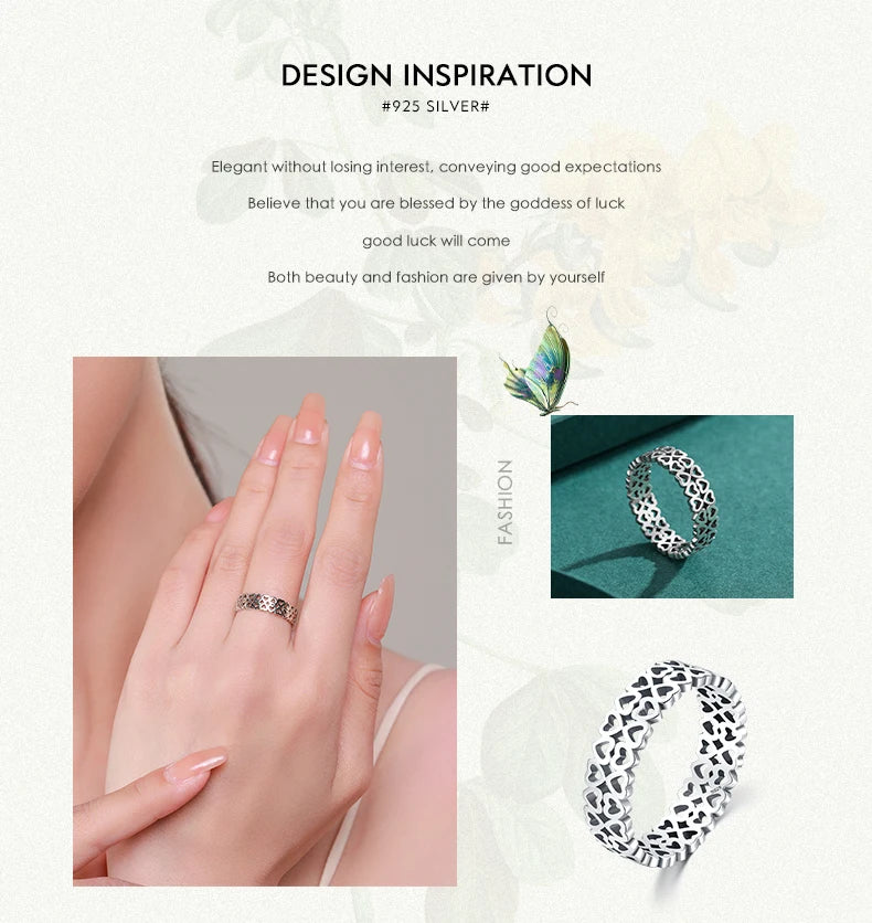 Vintage 925 Sterling Silver Hollow Out Heart To Heart Simple Style Stacking Rings For Women Fine Jewelry