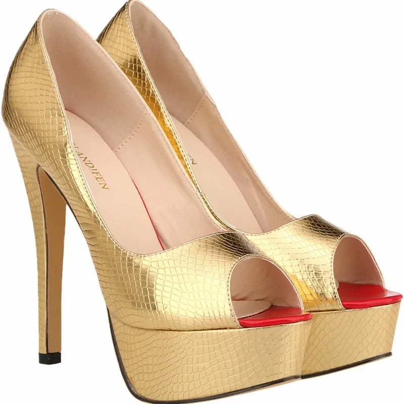 Women Sandals Sexy Pumps Patent Leather Platform Crocodile Pattern 14cm High Heels Peep Toe Stilettos Party Dress Wedding Shoes