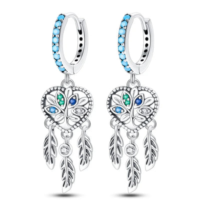 New in 925 Silver Romantic Feather Moon Stars Dream Catcher Earrings For Women Trending Fashion Jewelry Creative Birthday Gifts
