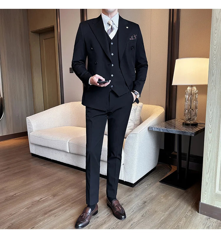 (Jackets+Pants) Luxury Double Breasted Design Slim Fit Suit High Quality Fashion Men's Wedding Social Suit Tuxedo 2 Piece Set