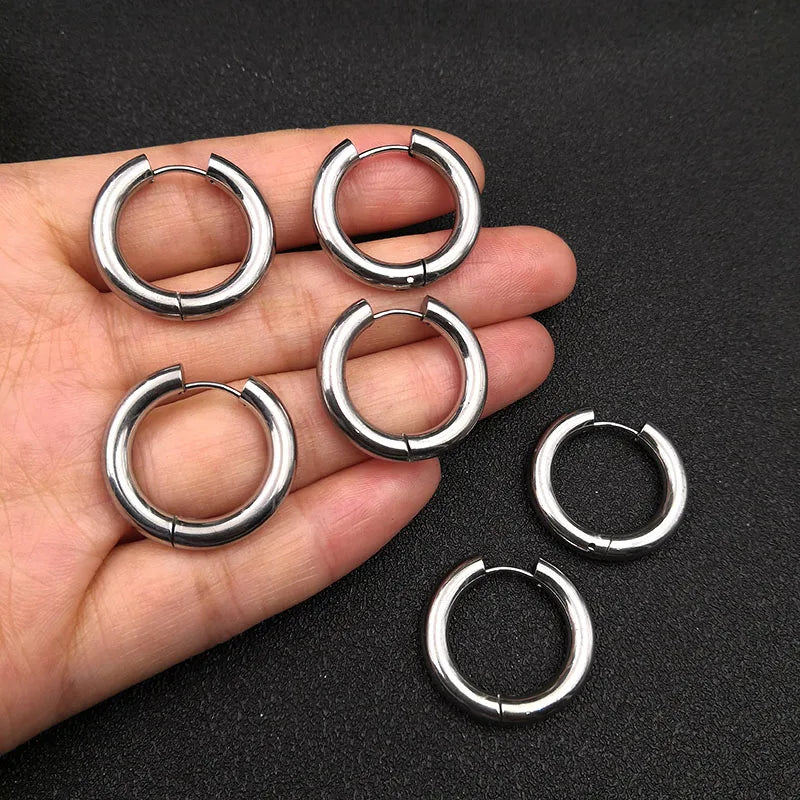 6pcs/lot Thick 3.0mm 4.0mm 5.0mm Stainless Steel Circle Hoop Earrings For Women Girls Gold Silver Color Round Geometry Earrings
