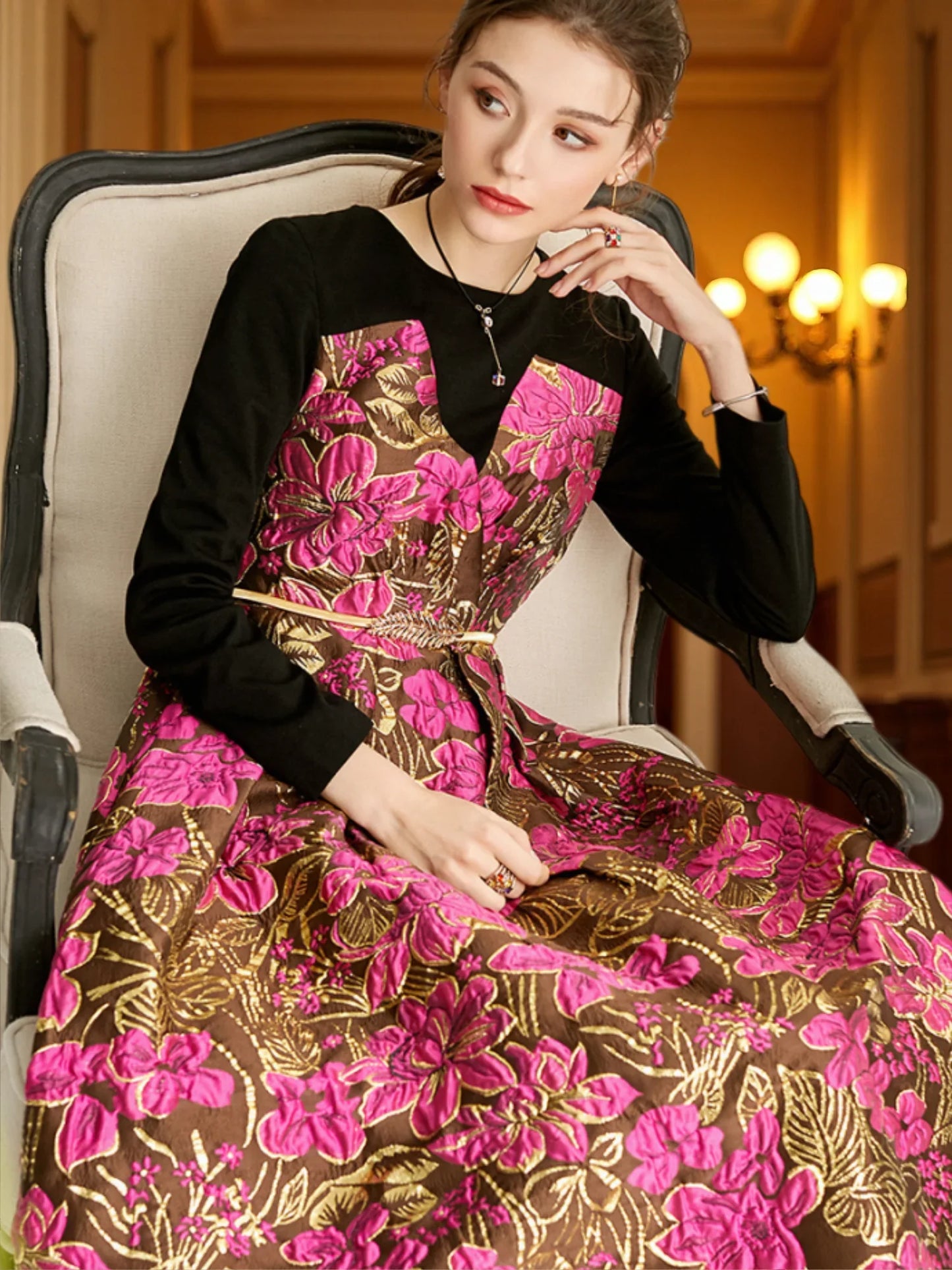 Elegant  Women Long Maxi Jacquard Dress New Party Evening Spliced Spring Autumn Vintage Floral Ball Gown