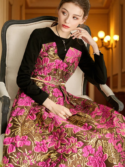 Elegant  Women Long Maxi Jacquard Dress New Party Evening Spliced Spring Autumn Vintage Floral Ball Gown