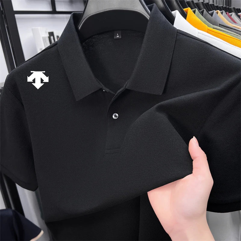 100% men's summer luxury brand polo shirt lapel geometric printing short sleeves t-shirt outdoor leisure men clothing tops