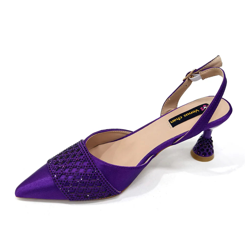 Elegant Nigerian Women’s Wine Colour Heeled Shoes and Rhinestone Handbag Set – Italian Design for Parties and Weddings