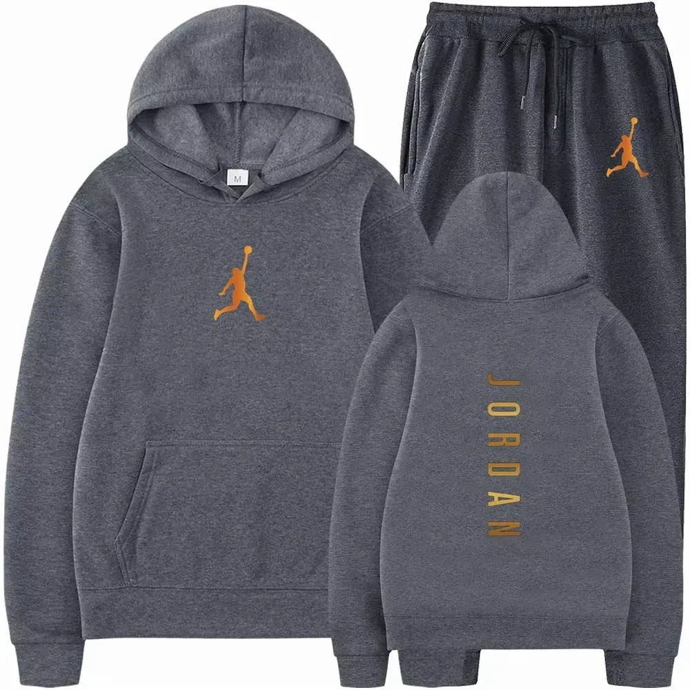 Men's pullovers for autumn and winter, solid-color hoodie + stretch waist jogging pants two-piece set, fashionable outdoor casua