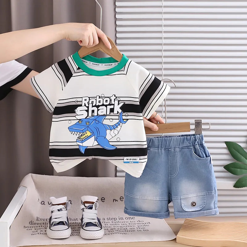 2026 Adorable Children Clothing Outfit Kids Boys Sets Summer 1-5Y Baby Boys Cotton Striped Shark Print T-Shirt and Denim Shorts
