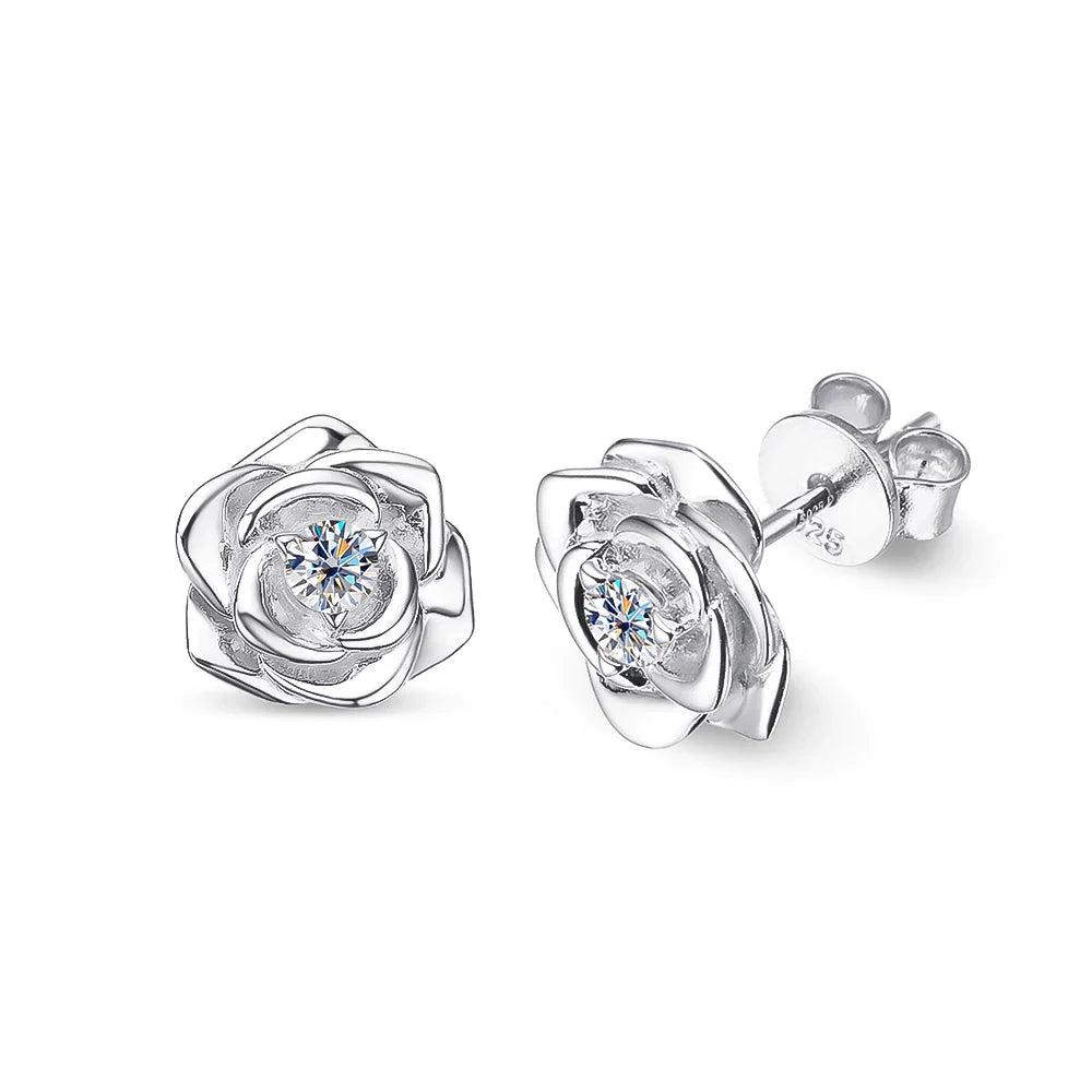 100% 925 Sterling Silver 3mm Moissanite Diamond Stud Earring For Women Romantic Rose Flower Earring Sparkling Fine Jewelry