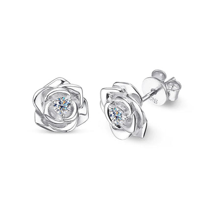 100% 925 Sterling Silver 3mm Moissanite Diamond Stud Earring For Women Romantic Rose Flower Earring Sparkling Fine Jewelry