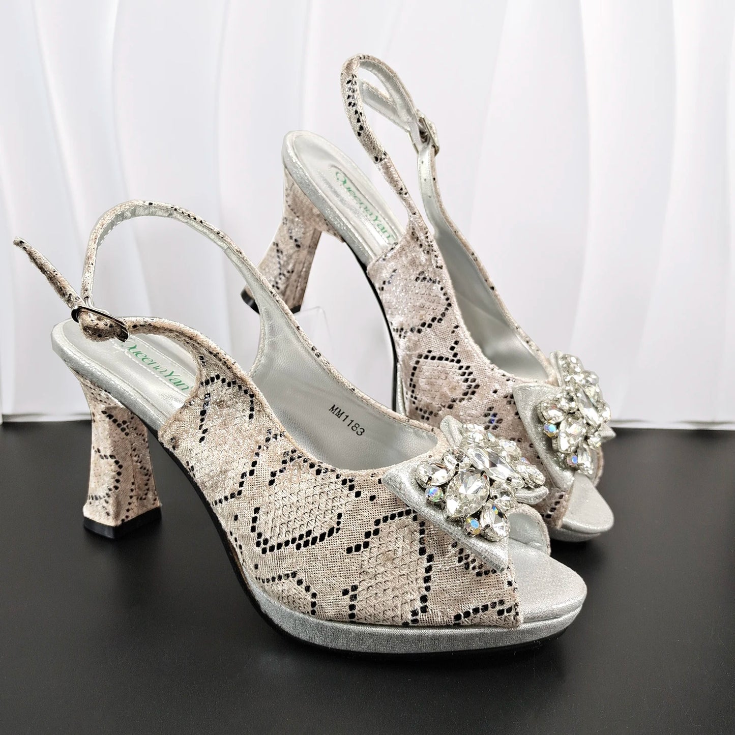 INS Purple Rhinestone-Embellished and Colorful Striped Design Party Wedding Peep Toe Bigger Size Ladies High Heels and Bag Set