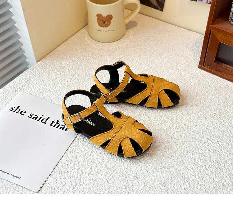 Kids Leather Cage Sandals for Girls 2025 Summer New Toddler Beach Shoes Non-slip Princess Elegant Retro Kid Garden Wedding Flats