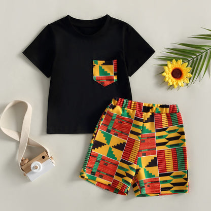 Kid Baby Boy Pants Suit, Casual Street Party Chest Pocket Shirt + Short Trousers Outfit, Black 2pcs Set 2-7T
