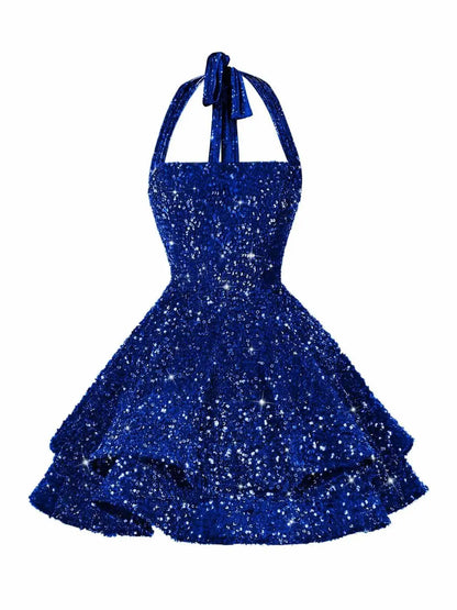 Sequin Short Homecoming Dress for Teens Short Prom Dresses Halter Neck Sparkly Tiered Cocktail Party Gowns