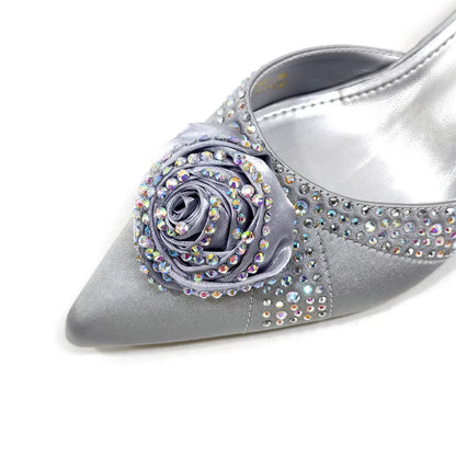 Sparkling Rhinestone Rose Pumps With Medium Heel for Nigerian Women's Party, Pointed Toe Shoes and Matching Bags