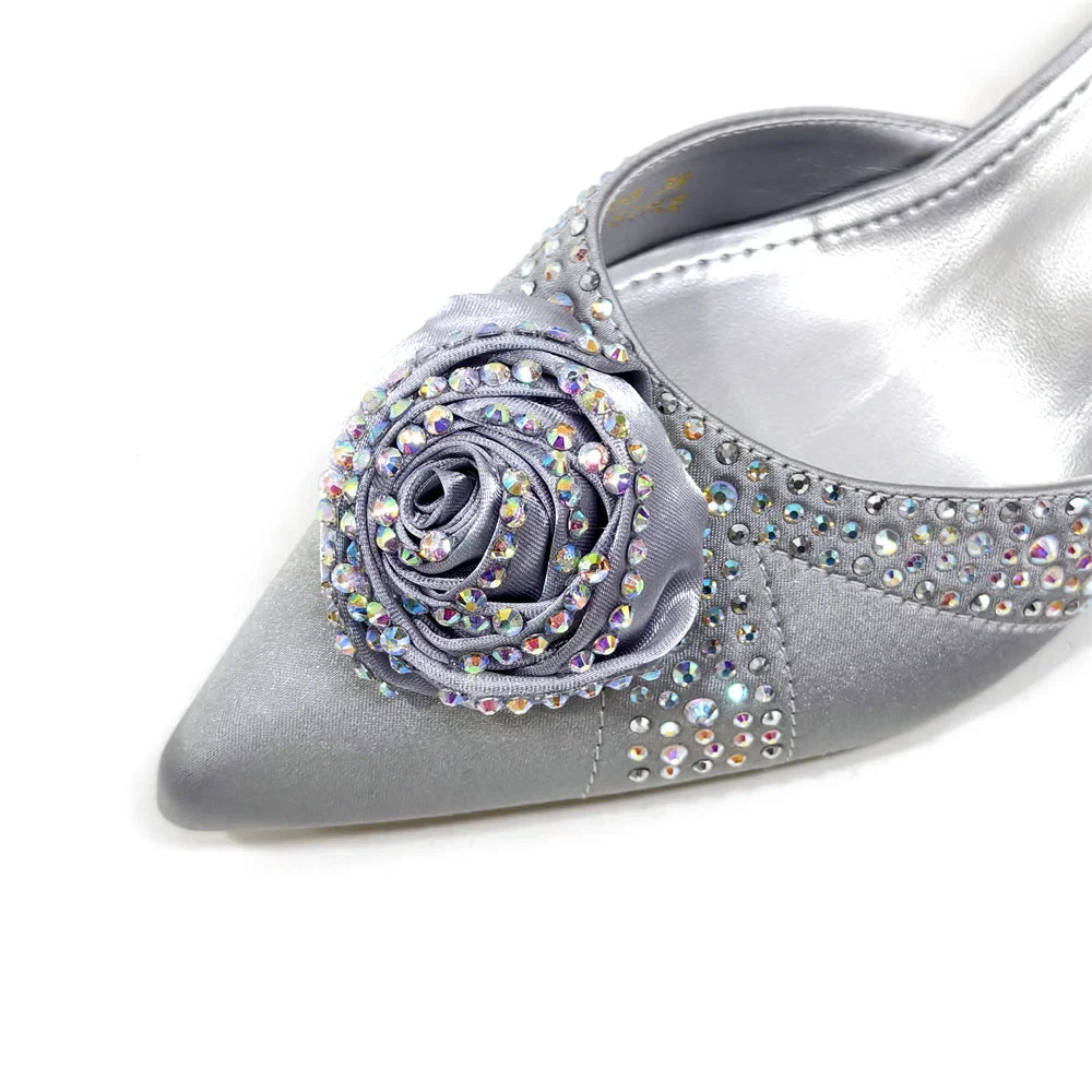 Elegant Rhinestone-Embellished Brown Heeled Shoes and Handbag Set for Women with Floral Decoration – Perfect Small Size Fashion