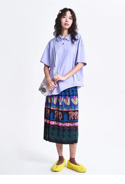 A-line Skirt 2026 Spring New Elastic Waist Colorful Floral Print Pleated Commuter Retro Style Skirt For Women 3ELC20607