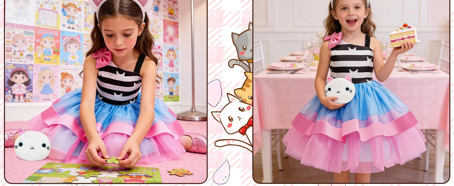 Summer Dress with Headband for Girls Gabby Cat Striped Sleeveless Dress Children Birthday Dress Gabby Dollhouse Cosplay Costume