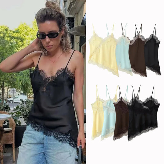 Lace Patchwork Short Camisole Stain Tops For Women Sexy Backless Tops Summer Sleeveless Women Straps Beach Top Female