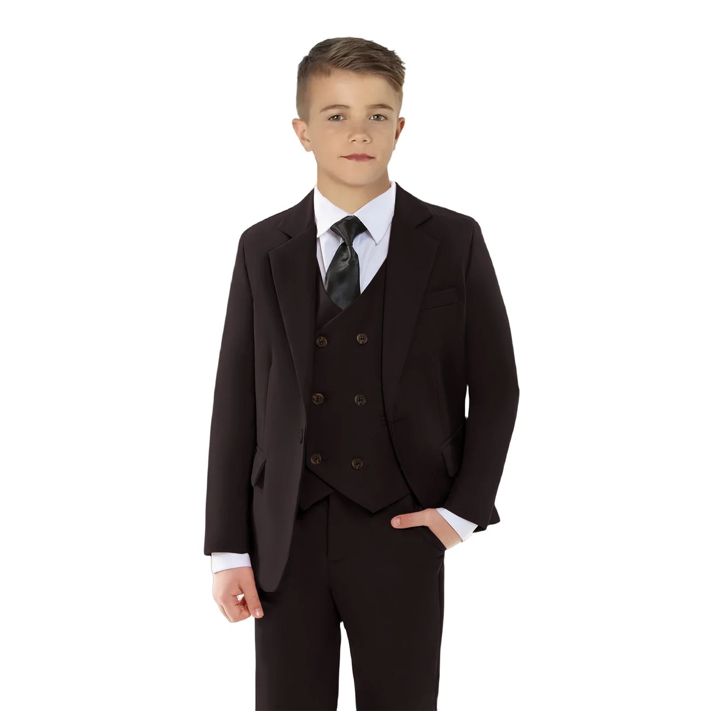 Boy's Solid 4-Piece Suit Set, Single Button Blazer Jacket, Vest, Pants Bow-tie, Wedding Party Dresswear for Kids In Stock