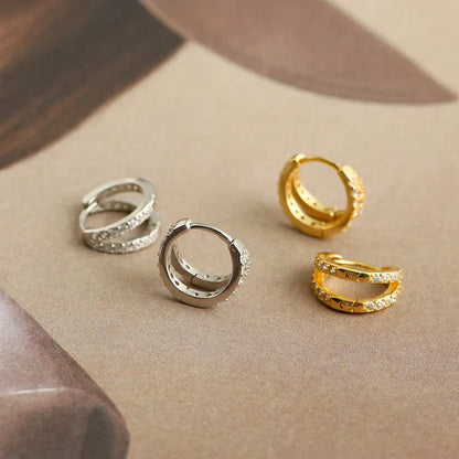925 Sterling Silver Fashion Luxury Shiny Double Layer Zircon Huggies Hoop Earrings for Women Plated 18k Gold Fine Jewelry