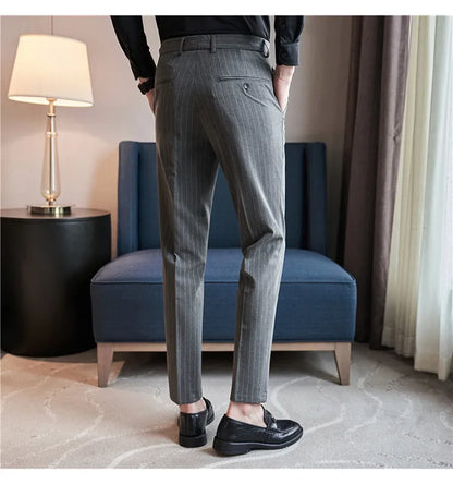 Men's Slim Fit Pinstripe Dress Pants, Stretch Comfort and Thickened Fabric for Business Casual Office Wear
