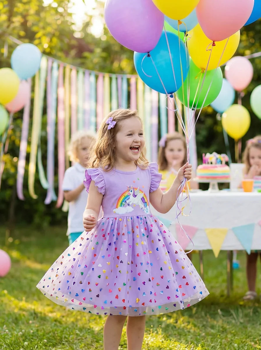 2026 Korean Style Girls Summer Unicorn Print Dress Short Sleeve Tulle Princess Gown Kids Casual Party Clothes for South Korea