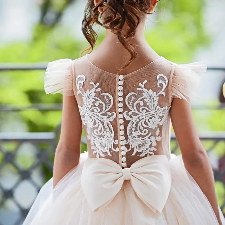 Communion Girl Dress Lace Appqulies Bodice Floor-length Skirt Puffy Dress with Long Train Formal Party Toddler Clothe