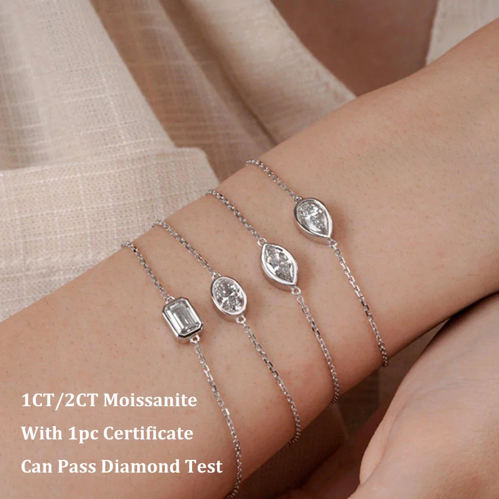 1/2CT Bezel Set Pear Oval Cut Moissanite Solitaire Link Bracelet Women S925 Silver Dainty Diamond Bridal Wrist Chain Gift