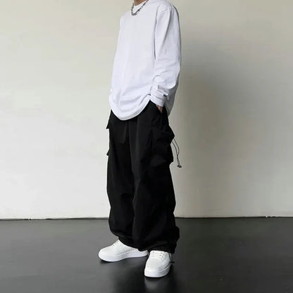 American Style Casual Pants Cargo Trousers High Street Drawstring Workwear Trendy Loose Versatile Straight Wide-Leg Casual Pants