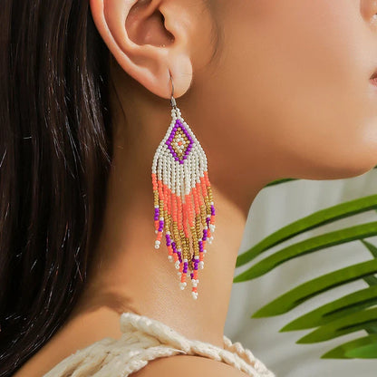 White Rice Beads Earrings For Women Retro Boho Tassels Water Drop Earrings Exaggerated Ethnic Style Earrings Jewelry