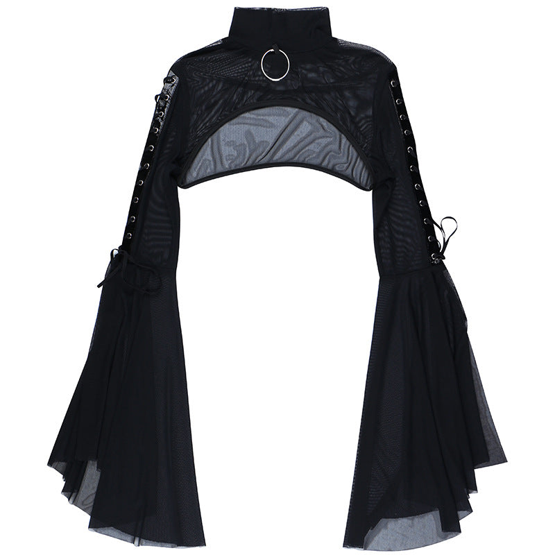Black Mesh T-shirt Gothic Street Lace-up Punk Ring Flared Sleeves Eyelet Pullover Outer Harajuku Vintage Women Top