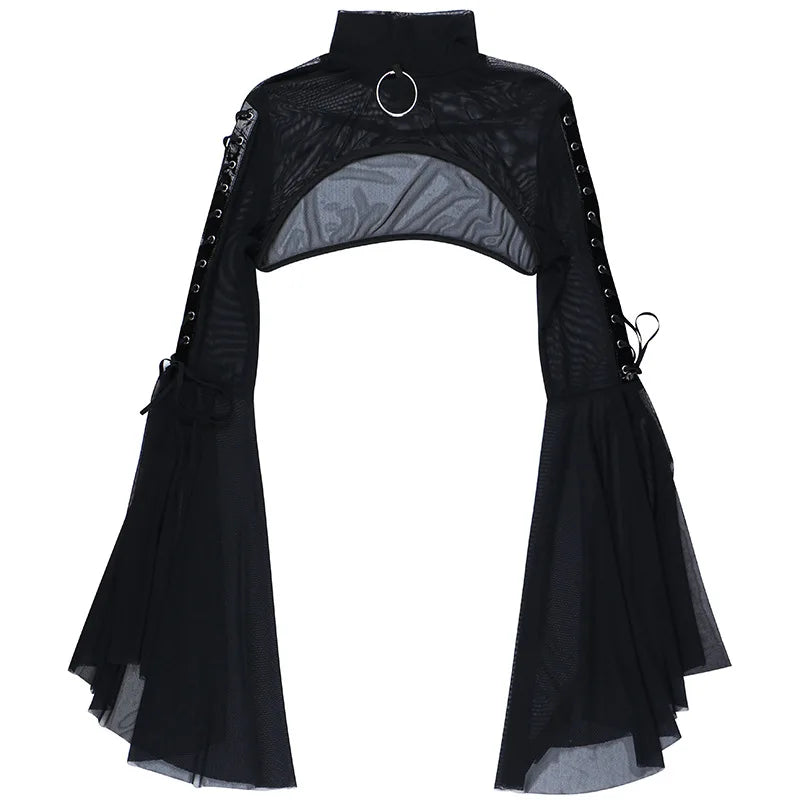 Black Mesh T-shirt Gothic Street Lace-up Punk Ring Flared Sleeves Eyelet Pullover Outer Harajuku Vintage Women Top