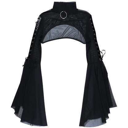 Black Mesh T-shirt Gothic Street Lace-up Punk Ring Flared Sleeves Eyelet Pullover Outer Harajuku Vintage Women Top