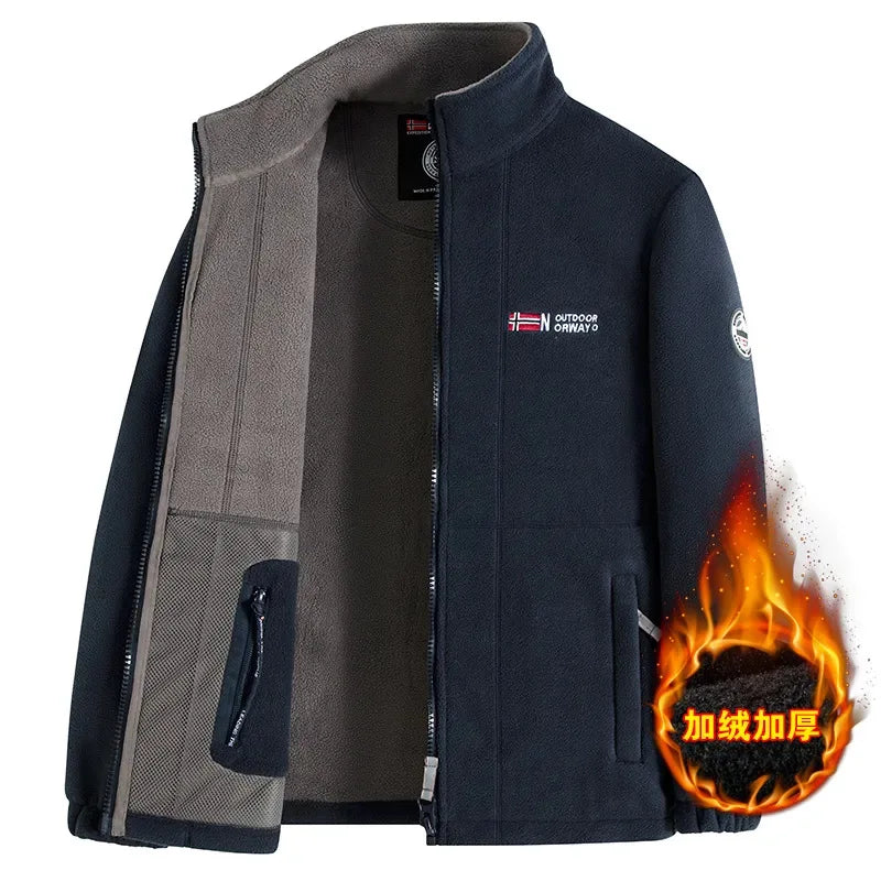 Thickened Fleece Lined Double-sided Fluffy Jacket Men's Autumn Winter Business Casual Outdoor Stand Collar Warmth Zipper Closure
