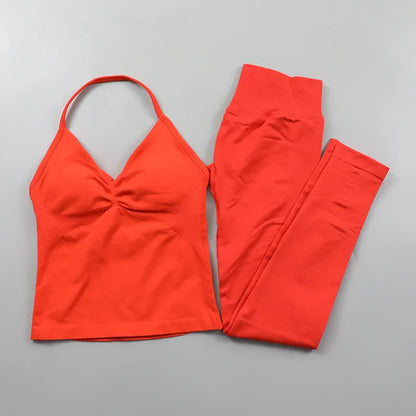 Yoga Longline Strappy Top Leggings Set Women's Backless Camisole Built-In bra Vest High-Waisted Hip Lift Gym Shorts Sports Set
