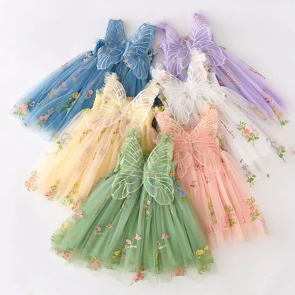 Girls Princess Dress with 3D Wings - Sparkle Tulle Sleeveless Gown, Fairy Puffy Party Dress for Birthday & Holiday