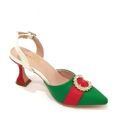 Italian Design Leather Colorblock Pointed Toe High Heel Women's Sandals Fashion Everyday Matching Shoes and Bag Sets