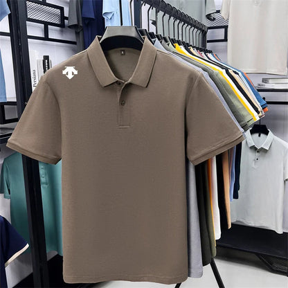 100% men's summer luxury brand polo shirt lapel geometric printing short sleeves t-shirt outdoor leisure men clothing tops