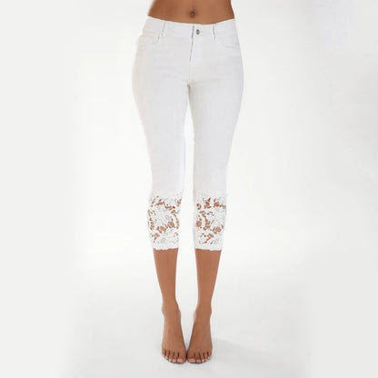 Calça Jeans Feminina Capri Casual com Renda Patchwork Calça Jeans Cropped de Cintura Alta e Caimento Justo Calça Jeans Feminina Streetwear
