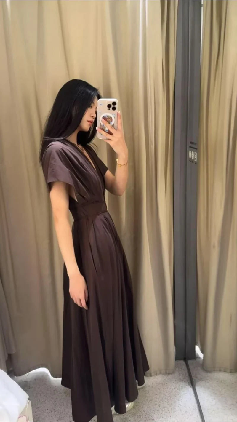 women's elegant party dress Vintage V-neck fashion pleated lace-up MIDI poplin dress