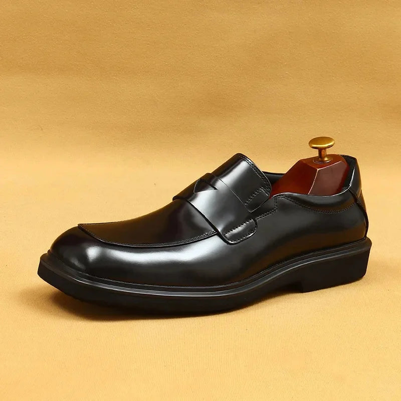 Glossy Black Thick Bottom Large Head Men's Shoes Business Casual Slip-On Loafers round Toe Leather Shoes for Adult Men