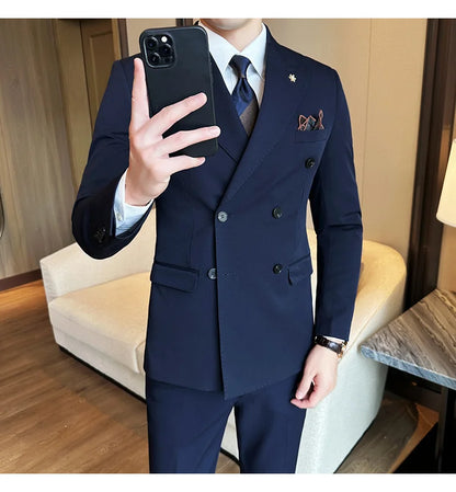 (Jackets+Pants) Luxury Double Breasted Design Slim Fit Suit High Quality Fashion Men's Wedding Social Suit Tuxedo 2 Piece Set