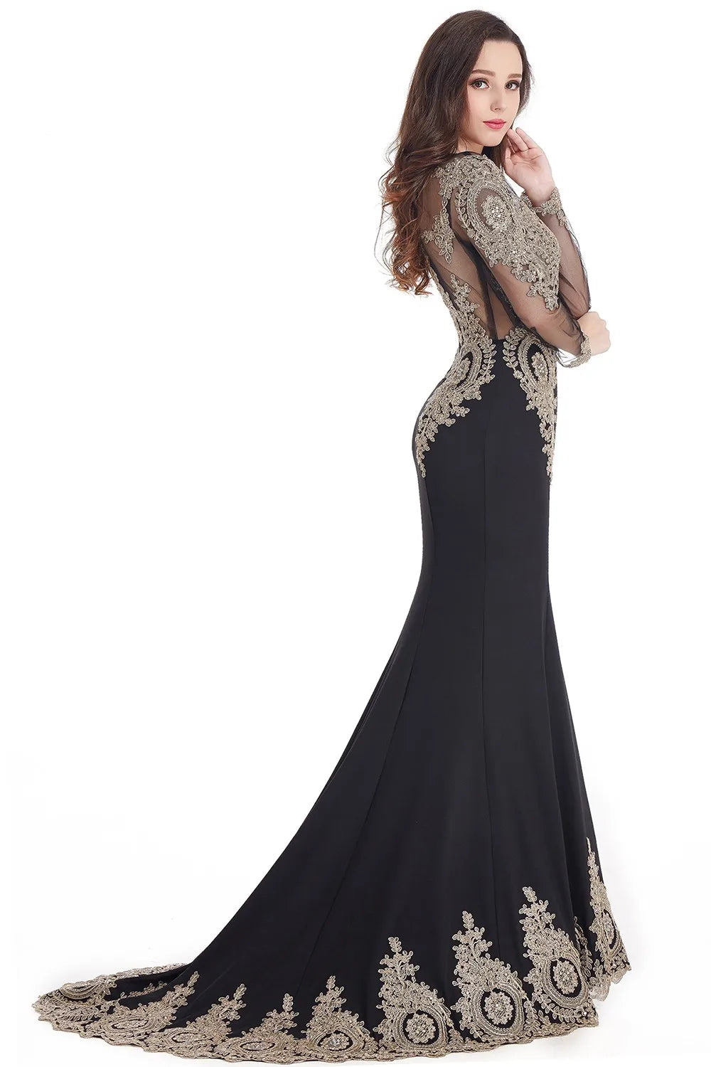 Prom Dresses Women Beading Long Sleeve Backless Elegant Lace Applique Formal Evening Party Gown For Bride Robe De Soirée