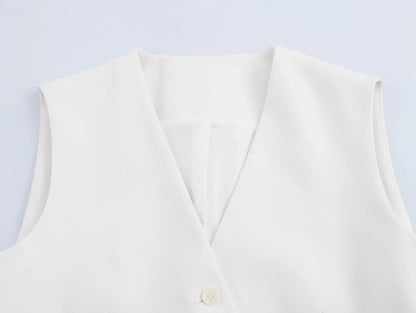 Casual Women Solid Tops Asymmetric V-Neck Single Breasted Pockects Sleeveless Vest Fashion 2025 Autumn Blazer Tops