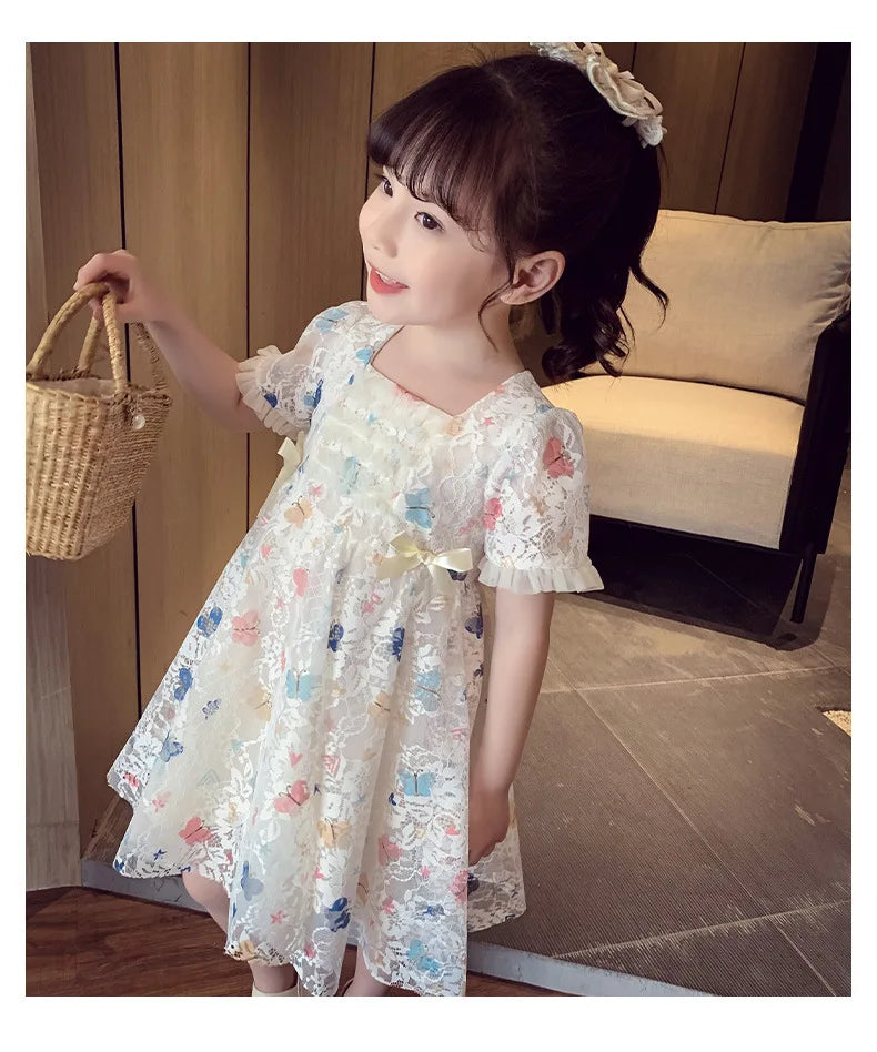 Vintage lace short sleeved dress For 2-9 yrs Baby Girls Loose Dress 6.1 Children's Day Clothing Cute beach Loose Clothes 2026