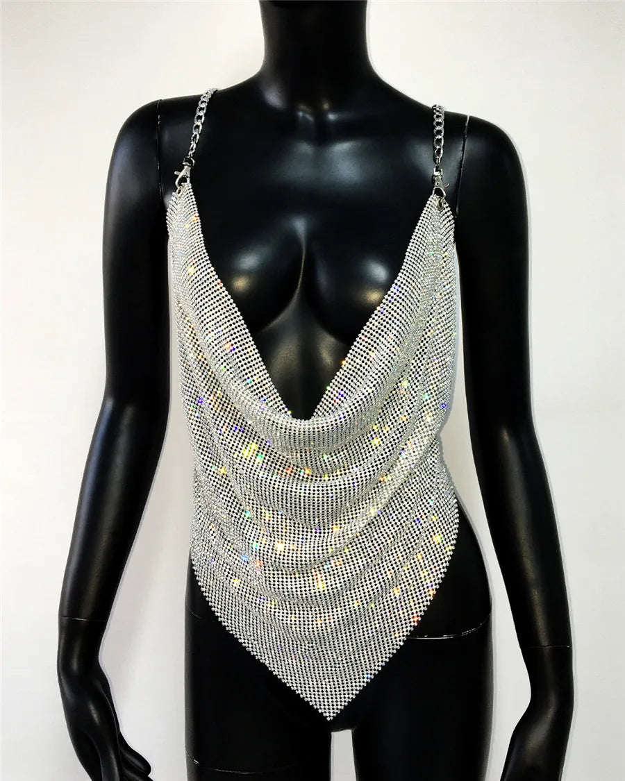 Shiny Rhinestone V Neck Tank Top 2025 Sexy Backless Metal Chain Spaghetti Straps Sling Camisole Women Nightclub Party Crop Top